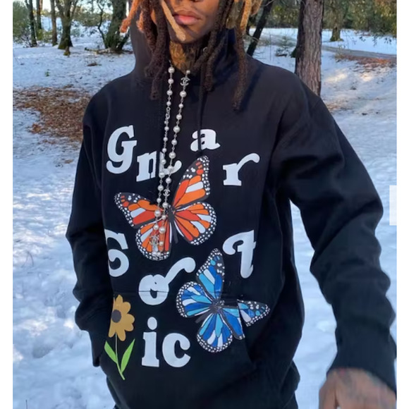 Gnarcotic Men's Butterfly Puff Print Pullover Hoodie S Black Drawstring Unisex - Picture 1 of 5